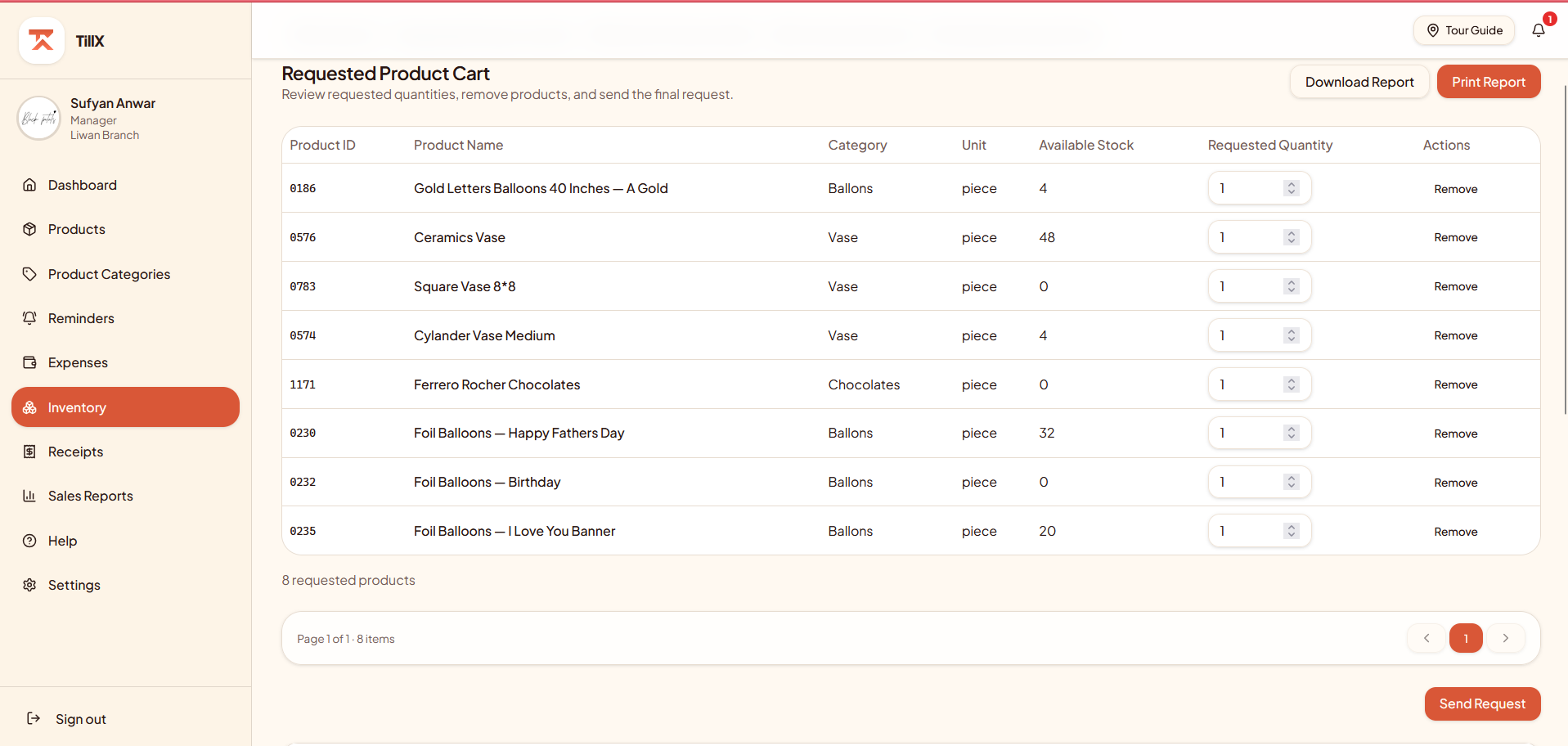 TillX branch-to-warehouse dispatch request screen for a fashion retail chain