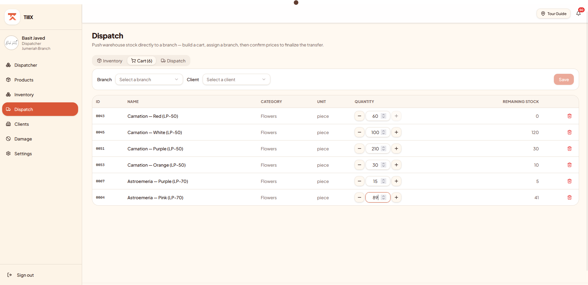 TillX centralized warehouse control managing stock across a furniture showroom network