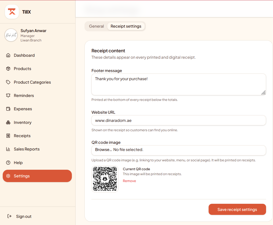 TillX branded receipt configuration for a salon, with logo, QR code and footer message