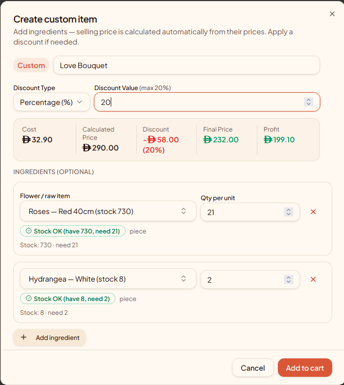 TillX custom recipe builder pricing a made-to-order floral arrangement from raw stems