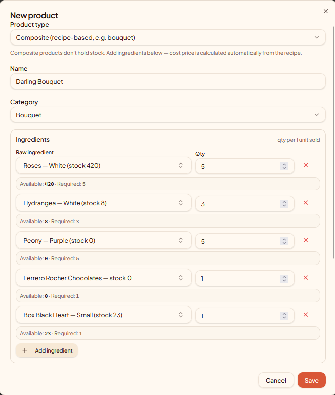 TillX recipe-based stock deduction showing ingredients consumed by a bakery product
