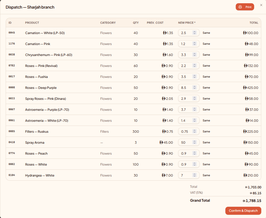 TillX tax-compliant purchase record with supplier and VAT detail for a pharmacy